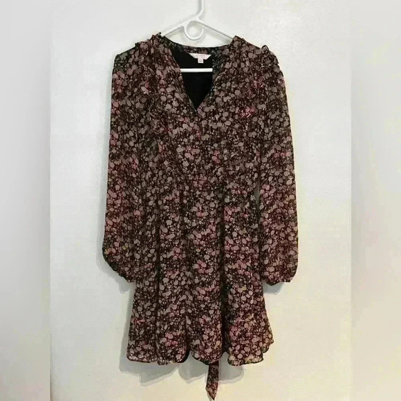 LC Lauren Conrad Dresses & Skirts - Lauren Conrad Women’s Black And Pink Floral Wrap Dress With Ruffle Detail Large